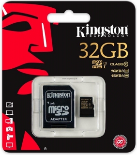 32 GB MICRO SDHC KINGSTON UHS-I CLASS 10+1 ADAPTER 90/45 MB/S