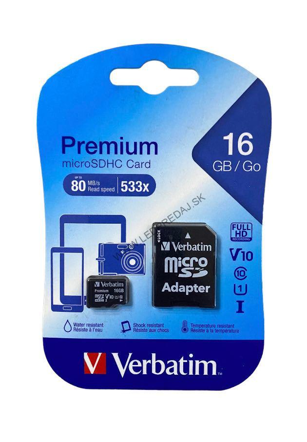 Verbatim MicroSDHC 16GB Premium + SD adaptér